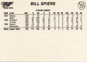 1990 Miller High Life Milwaukee Brewers SGA #NNO Bill Spiers Back