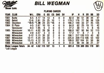 1990 Miller High Life Milwaukee Brewers SGA #NNO Bill Wegman Back