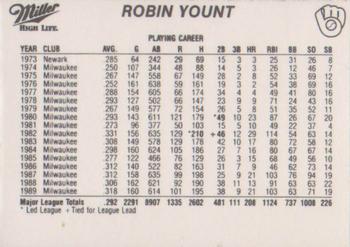 1990 Miller High Life Milwaukee Brewers SGA #NNO Robin Yount Back
