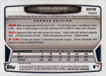 2013 Bowman Chrome - Prospects X-Fractors #BCP189 Yeison Asencio Back