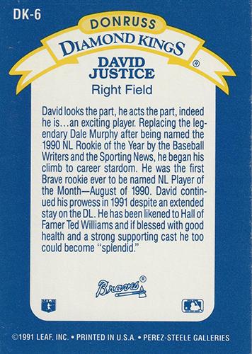 1992 Donruss Super Diamond Kings #DK-6 David Justice Back