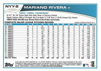 2013 Topps New York Yankees #NYY-8 Mariano Rivera Back