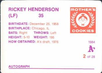 1984 Mother's Cookies Oakland Athletics #2 Rickey Henderson Back