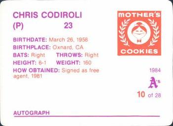 1984 Mother's Cookies Oakland Athletics #10 Chris Codiroli Back