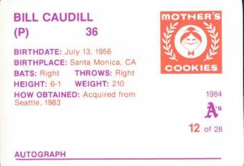 1984 Mother's Cookies Oakland Athletics #12 Bill Caudill Back