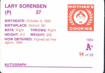 1984 Mother's Cookies Oakland Athletics #14 Lary Sorensen Back