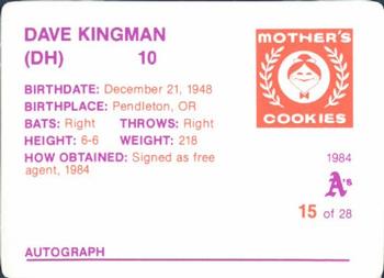 1984 Mother's Cookies Oakland Athletics #15 Dave Kingman Back