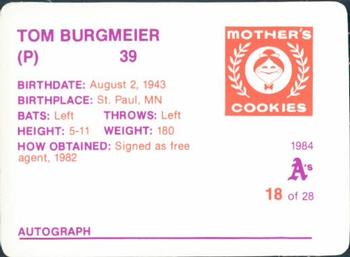 1984 Mother's Cookies Oakland Athletics #18 Tom Burgmeier Back