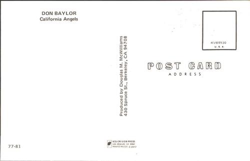 1977 Doug McWilliams Postcards #77-81 Don Baylor Back