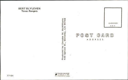 1977 Doug McWilliams Postcards #77-94 Bert Blyleven Back