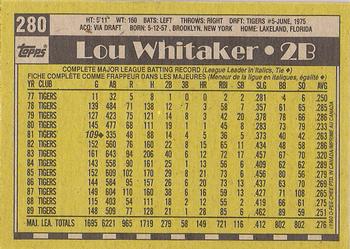 1990 O-Pee-Chee #280 Lou Whitaker Back