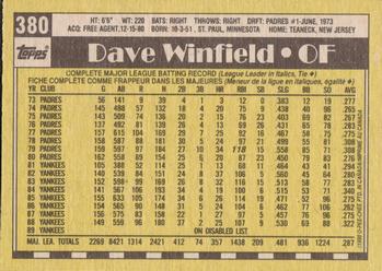 1990 O-Pee-Chee #380 Dave Winfield Back