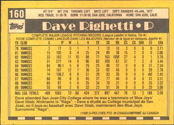 1990 O-Pee-Chee #160 Dave Righetti Back