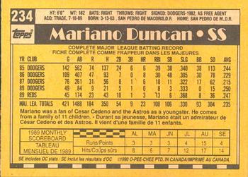 1990 O-Pee-Chee #234 Mariano Duncan Back