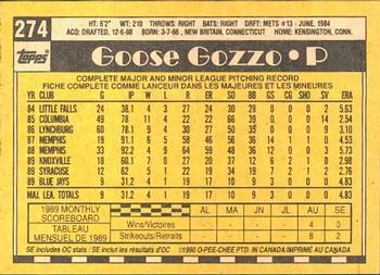 1990 O-Pee-Chee #274 Goose Gozzo Back