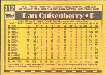 1990 O-Pee-Chee #312 Dan Quisenberry Back