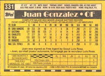 1990 O-Pee-Chee #331 Juan Gonzalez Back