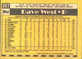 1990 O-Pee-Chee #357 Dave West Back