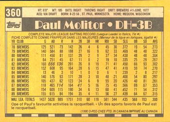 1990 O-Pee-Chee #360 Paul Molitor Back