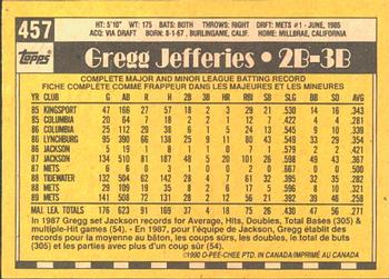 1990 O-Pee-Chee #457 Gregg Jefferies Back