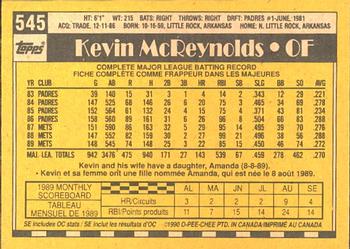 1990 O-Pee-Chee #545 Kevin McReynolds Back