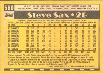 1990 O-Pee-Chee #560 Steve Sax Back