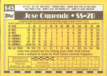 1990 O-Pee-Chee #645 Jose Oquendo Back