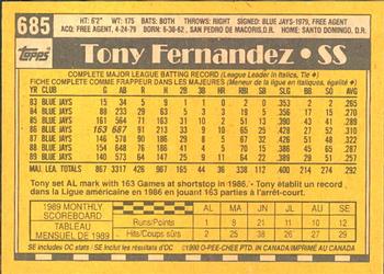 1990 O-Pee-Chee #685 Tony Fernandez Back