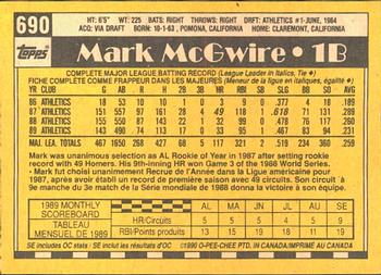 1990 O-Pee-Chee #690 Mark McGwire Back