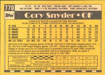 1990 O-Pee-Chee #770 Cory Snyder Back