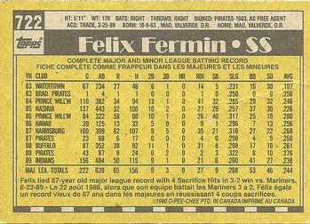 1990 O-Pee-Chee #722 Felix Fermin Back