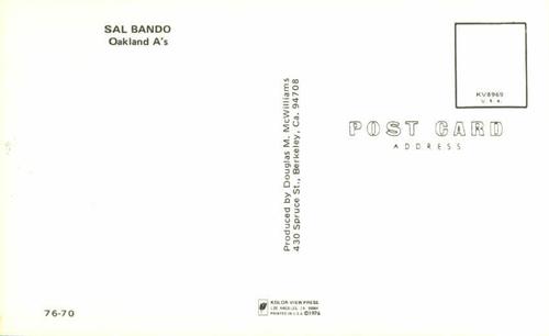 1976 Doug McWilliams Postcards #76-70 Sal Bando Back
