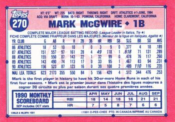 1991 O-Pee-Chee #270 Mark McGwire Back