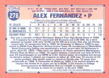 1991 O-Pee-Chee #278 Alex Fernandez Back