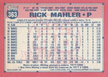 1991 O-Pee-Chee #363 Rick Mahler Back