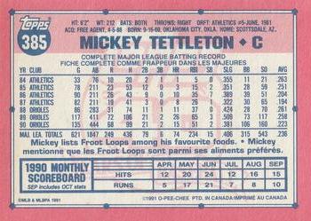 1991 O-Pee-Chee #385 Mickey Tettleton Back