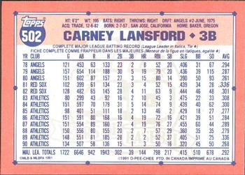 1991 O-Pee-Chee #502 Carney Lansford Back