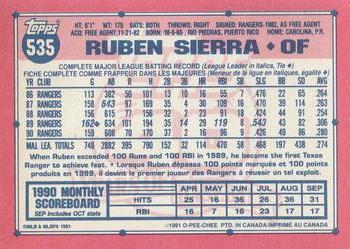 1991 O-Pee-Chee #535 Ruben Sierra Back