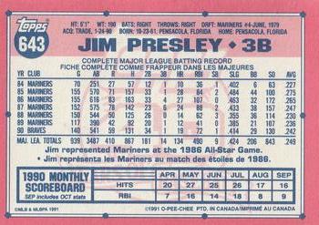 1991 O-Pee-Chee #643 Jim Presley Back