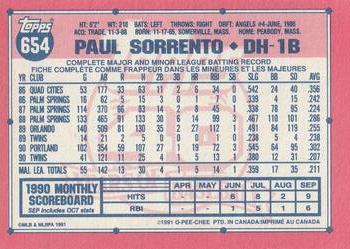 1991 O-Pee-Chee #654 Paul Sorrento Back