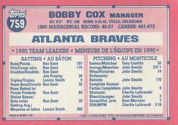 1991 O-Pee-Chee #759 Bobby Cox Back