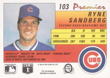 1991 O-Pee-Chee Premier #103 Ryne Sandberg Back