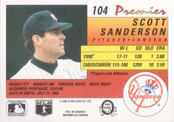 1991 O-Pee-Chee Premier #104 Scott Sanderson Back