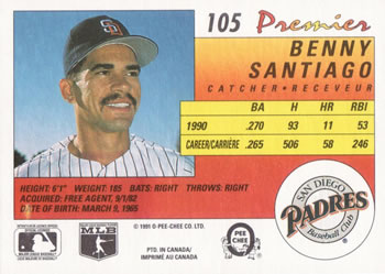 1991 O-Pee-Chee Premier #105 Benny Santiago Back