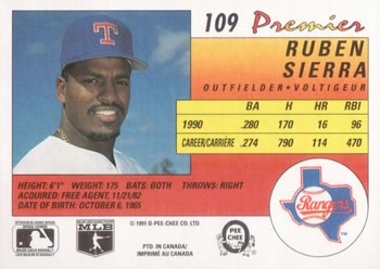 1991 O-Pee-Chee Premier #109 Ruben Sierra Back