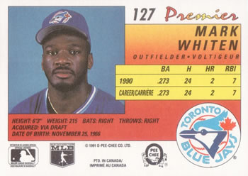 1991 O-Pee-Chee Premier #127 Mark Whiten Back