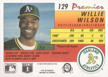 1991 O-Pee-Chee Premier #129 Willie Wilson Back