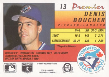 1991 O-Pee-Chee Premier #13 Denis Boucher Back