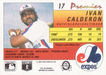 1991 O-Pee-Chee Premier #17 Ivan Calderon Back