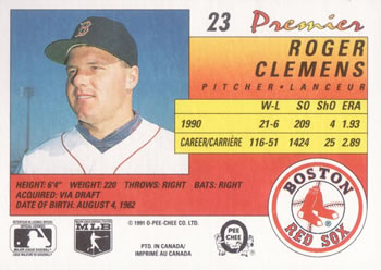 1991 O-Pee-Chee Premier #23 Roger Clemens Back